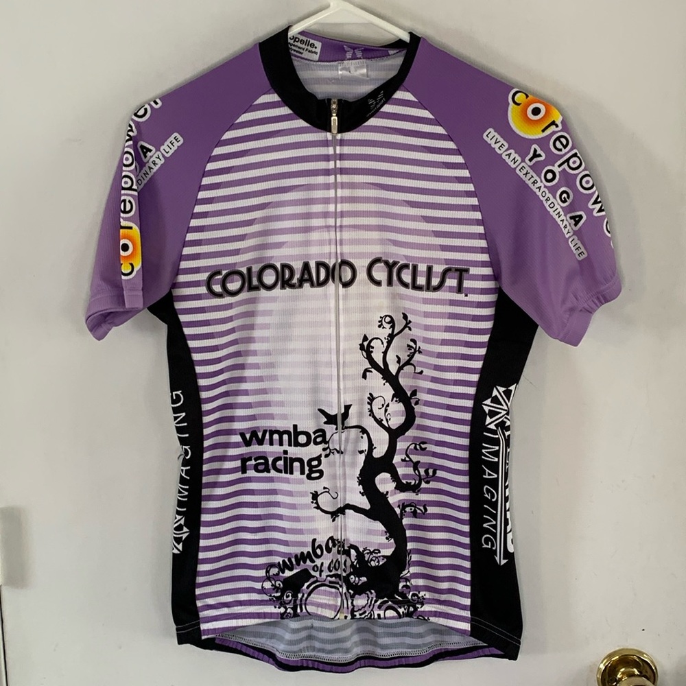 Colorado Cyclist lavender and white cycling jersey Size Large